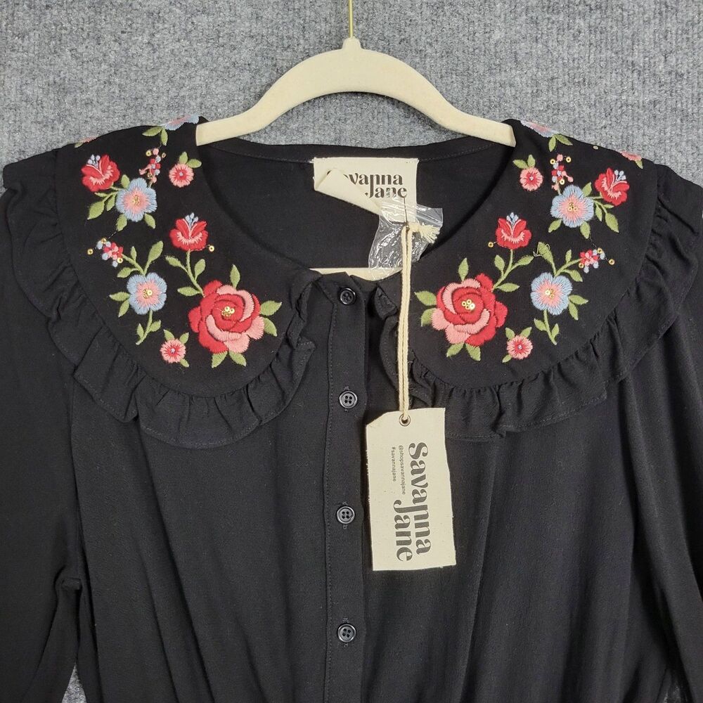 SAVANNA JANE Black Floral Embroidery Peter Pan Collar Top Twee Modest SIZE SMALL - Picture 4 of 14
